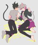  2boys :3 ahoge alternate_color animal_ears ass barefoot blush brown_eyes brown_hair cat_boy cat_ears cat_tail coat commentary_request crazy_eyes dangan_ronpa_(series) dangan_ronpa_2:_goodbye_despair full_body green_coat grey_background grey_legwear grey_shirt highres hinata_hajime hood komaeda_nagito looking_at_viewer looking_back lying male_focus multiple_boys no_shoes on_side on_stomach pants paw_pose pink_coat shirt short_hair sin11111 socks tail two-sided_fabric 