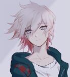  1boy amido_(compassion273) bangs blue_eyes closed_mouth collarbone commentary_request dangan_ronpa_(series) dangan_ronpa_2:_goodbye_despair frown green_jacket grey_background grey_shirt hair_between_eyes highres hood hood_down hooded_jacket jacket komaeda_nagito looking_at_viewer male_focus open_clothes open_jacket portrait print_shirt shirt short_hair solo upper_body 