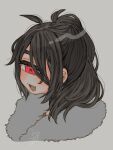  1girl :d ahoge black_hair cyclops dated fang fur_collar grey_background highres mole mole_under_eye muroku_(aimichiyo0526) one-eyed open_mouth original ponytail portrait red_eyes roa_(muroku) signature simple_background skin_fang smile solo 