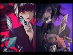  1boy 1girl alternate_costume bangs black_hair black_jacket black_nails card celestia_ludenberg checkered checkered_neckwear commentary_request dangan_ronpa:_trigger_happy_havoc dangan_ronpa_(series) dangan_ronpa_v3:_killing_harmony drill_hair earrings eyebrows_visible_through_hair gothic_lolita gradient_hair hair_between_eyes holding holding_card jacket jewelry joh_pierrot lips lipstick lolita_fashion long_hair long_sleeves makeup mouth_hold multicolored_hair necktie ouma_kokichi parted_lips playing_card purple_background purple_hair red_background red_eyes red_neckwear sidelocks signature simple_background twin_drills twintails upper_body violet_eyes 