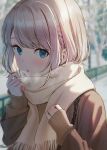  1girl adjusting_clothes beige_neckwear beige_scarf blue_eyes blurry blurry_background blush brown_jacket eyebrows_visible_through_hair fence highres hyuuga_azuri jacket long_sleeves looking_at_viewer medium_hair open_mouth original outdoors pink_hair scarf solo tree 