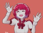  1girl anlan artist_name blush bow closed_eyes dorothy_haze hairband multicolored_hair open_mouth palms puffy_short_sleeves puffy_sleeves purple_hair red_background redhead short_hair short_sleeves two-tone_hair upper_body va-11_hall-a wrist_cuffs 