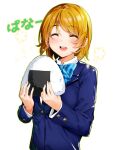  1girl ^_^ blue_neckwear blush bow bowtie closed_eyes commentary_request eyebrows_visible_through_hair food highres holding holding_food koizumi_hanayo long_sleeves love_live! love_live!_school_idol_project nakano_maru onigiri open_mouth rice school_uniform short_hair simple_background smile solo striped striped_neckwear teeth translation_request upper_body upper_teeth white_background 