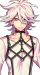  1boy alternate_costume bangs chest_harness closed_mouth collarbone commentary_request dangan_ronpa_(series) dangan_ronpa_2:_goodbye_despair eyebrows_visible_through_hair grey_background grey_hair hair_between_breasts hair_between_eyes harness highres komaeda_nagito looking_at_viewer male_focus messy_hair o-ring shirt sideways_glance simple_background sin11111 smile solo upper_body white_background white_shirt 