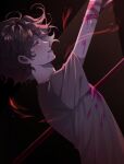  1boy arm_up bangs blood blood_on_face bloody_clothes blush brown_hair commentary_request dangan_ronpa_(series) dangan_ronpa_2:_goodbye_despair from_side grin half-closed_eye highres impaled komaeda_nagito looking_up male_focus messy_hair pink_blood polearm profile shirt short_sleeves smile solo spear spoilers teeth translation_request upper_body weapon wonchul 