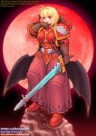  1girl arcueid_brunestud armor blonde_hair blood capelet fangs full_moon hair_intakes highres holding holding_sword holding_weapon kensaint moon pauldrons power_armor primaris_space_marine red_eyes red_moon short_hair shoulder_armor solo space_marine sword tsukihime tsukihime_(remake) vampire warhammer_40k weapon 