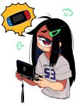  1girl :i :t =3 ahoge black_hair blush_stickers closed_mouth clothes_writing cropped_torso cyclops dated fingernails grey_background hair_ornament hairclip handheld_game_console highres holding holding_handheld_game_console long_hair looking_at_viewer muku-chan_(muroku) muroku_(aimichiyo0526) nintendo_ds nintendo_switch one-eyed original pout red_eyes short_sleeves signature simple_background solo spoken_object upper_body white_background x_x 