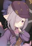  1girl bangs black_background blue_bow bow brown_headwear closed_mouth commentary flat_cap granblue_fantasy grey_hair hair_bow hair_over_one_eye hand_up hat highres jacket long_sleeves nio_(granblue_fantasy) pink_shirt pointy_ears puffy_long_sleeves puffy_sleeves purple_jacket shirt sleeves_past_wrists smile solo striped striped_bow symbol_commentary uneg violet_eyes 