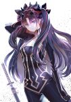  1girl absurdres artist_name black_hair black_ribbon covered_nipples dutch_angle fate/grand_order fate_(series) graphite_(medium) hand_in_hair highres horns ishtar_(fate)_(all) katana long_hair looking_at_viewer multicolored_hair natsujiru redhead ribbon sheath sheathed solo space_ishtar_(fate) streaked_hair sword traditional_media twintails weapon white_background 