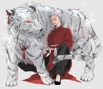  1boy black_footwear black_legwear chinese_clothes collar fate/grand_order fate_(series) hally highres li_shuwen_(fate/grand_order) one_eye_closed sitting tiger white_background white_collar white_hair 