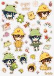  2boys apple bag bangs black_hair blue_hair braid brown_hair child closed_mouth crocs floral_print flower food fruit genshin_impact gradient_hair green_eyes green_headwear hair_between_eyes hat highres holding holding_clothes holding_hat instrument juice_box leaf long_hair long_sleeves looking_at_viewer lunchbox male_focus misu_025 multicolored_hair multiple_boys mushroom open_mouth otoko_no_ko popsicle rainbow shoes simple_background smile socks sticker twin_braids umbrella venti_(genshin_impact) white_background xylophone yellow_eyes younger zhongli_(genshin_impact) 