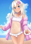  1girl beach bikini bikini_skirt blonde_hair blue_eyes blue_sky breasts clouds commentary_request cowboy_shot day frilled_skirt frills hair_ribbon highres horizon jacket kantai_collection long_hair looking_at_viewer ocean off-shoulder_jacket one-piece_tan open_clothes open_jacket outdoors pink_jacket ribbon ro-500_(kantai_collection) skirt sky small_breasts smile solo standing swimsuit tan tanline totoraisu white_bikini 