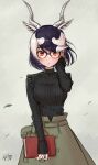  alternate_costume antelope_ears antelope_horns black_hair black_sweater blackbuck_(kemono_friends) blush book casual commentary_request cowboy_shot extra_ears glasses green_skirt hand_in_hair high-waist_skirt highres kemono_friends kemono_friends_3 long_sleeves looking_at_viewer multicolored_hair red_eyes short_hair skirt sweater takebi turtleneck turtleneck_sweater two-tone_hair white_hair 