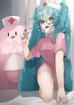  1girl absurdres aqua_eyes aqua_nails bangs bare_legs bed bed_sheet chansey commentary_request dress egg eighth_note eyebrows_visible_through_hair gen_1_pokemon hair_between_eyes hat hatsune_miku highres holding holding_syringe indoors long_hair looking_at_viewer mask mask_pull mouth_mask musical_note nail_polish nurse nurse_cap pink_dress pokemon pokemon_(creature) reirou_(chokoonnpu) short_sleeves syringe thighs twintails very_long_hair vocaloid yandere 