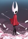  1girl absurdres cloak commentary facing_viewer full_body highres holding holding_weapon hollow_eyes hollow_knight hornet_(hollow_knight) horns long_sleeves looking_at_viewer needle petals polearm pudgeruffian red_cloak simple_background solo sparkle spear standing weapon 