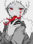 1boy alternate_costume amido_(compassion273) bangs blood blood_on_face commentary_request dangan_ronpa_(series) dangan_ronpa_2:_goodbye_despair earrings finger_licking fur_trim grey_background hand_up highres hinata_hajime injury jacket jewelry licking long_sleeves long_tongue looking_at_viewer male_focus open_mouth red_eyes short_hair simple_background solo spiky_hair spot_color sweater tongue tongue_out upper_body 