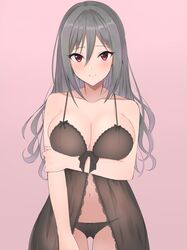  1girl absurdres alternate_hairstyle argule0901 arm_under_breasts blush breasts hair_down highres idolmaster idolmaster_cinderella_girls kanzaki_ranko lingerie long_hair looking_at_viewer navel nightgown panties red_eyes ribbon see-through simple_background smile tsurime underwear 