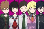  2girls 3boys ahoge akamatsu_kaede bangs black_hair black_jacket blonde_hair brother_and_sister brown_hair collarbone collared_shirt column_lineup commentary_request dangan_ronpa:_trigger_happy_havoc dangan_ronpa_(series) dangan_ronpa_2:_goodbye_despair dangan_ronpa_another_episode:_ultra_despair_girls dangan_ronpa_v3:_killing_harmony double-breasted eighth_note frown green_eyes green_jacket green_neckwear grey_shirt hair_between_eyes hair_ornament highres hinata_hajime jacket long_hair looking_at_viewer lower_teeth multiple_boys multiple_girls musical_note musical_note_hair_ornament naegi_komaru naegi_makoto necktie open_clothes open_jacket open_mouth pink_background pink_eyes red_neckwear saihara_shuuichi sailor_collar school_uniform shirt short_hair siblings simple_background spoilers suzumetarou sweat teeth trait_connection upper_body white_shirt 