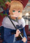  1girl absurdres ahoge artoria_pendragon_(all) bangs blonde_hair blue_kimono blush checkered closed_mouth day eyebrows_visible_through_hair fate/grand_order fate_(series) floral_print flower fur_collar green_eyes hair_bun hair_flower hair_ornament highres japanese_clothes kimono lens_flare long_sleeves looking_at_viewer oil-paper_umbrella outdoors print_kimono red_flower saber sakurasakimasu4 short_hair sidelocks smile solo sun sunlight tassel umbrella upper_teeth wide_sleeves 