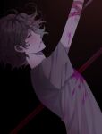  arm_up bangs blood blood_on_face bloody_clothes brown_hair commentary_request dangan_ronpa_(series) dangan_ronpa_2:_goodbye_despair from_side grin half-closed_eye highres impaled komaeda_nagito looking_to_the_side looking_up male_focus messy_hair pink_blood polearm profile shirt short_sleeves sideways_glance smile solo spear spoilers teeth translation_request upper_body weapon wonchul 