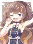  1girl absurdres anya_melfissa arm_up armpits blush breasts brown_hair commentary_request fang hair_ornament highres hololive looking_at_viewer one_eye_closed open_mouth sleepy sleeveless solo tears violet_eyes virtual_youtuber zendamu 