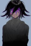  1boy bangs black_hair blood blood_on_face blue_background closed_mouth commentary_request dangan_ronpa_(series) dangan_ronpa_v3:_killing_harmony flipped_hair frown grey_background hair_between_eyes joh_pierrot looking_at_viewer male_focus ouma_kokichi pink_blood pink_eyes purple_hair short_hair signature simple_background sketch solo upper_body 