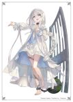  1girl ball_and_chain_restraint bangs barefoot blue_eyes collar dress eyebrows_visible_through_hair geminoa headband kobuta long_hair looking_at_viewer open_mouth silver_hair solo tattoo white_background white_dress 