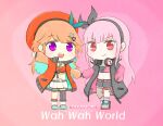  2girls bangs black_bow black_jacket blunt_bangs bow chibi colored_inner_hair donna_catbus fishnet_legwear fishnets green_hair hair_bow hat heart holding_hands hololive hololive_english jacket looking_at_viewer mori_calliope multicolored_hair multiple_girls open_mouth orange_hair orange_headwear orange_jacket pink_background pink_hair red_eyes single_thighhigh smile song_name spikes takanashi_kiara thigh-highs thigh_strap v-shaped_eyebrows violet_eyes wah_wah_world_(vocaloid) waving 