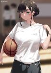  1girl artist_name ball basketball black_hair black_shorts blue_eyes blurry blurry_background blush bracelet braid braided_bun breasts closed_mouth clothes_writing commentary_request depth_of_field gym_shirt gym_shorts gym_uniform holding holding_ball jewelry jonsun large_breasts looking_to_the_side original shirt shirt_tug short_sleeves shorts sidelocks solo_focus standing tamami_(jonsun) white_shirt 