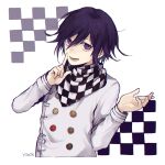  1boy :d artist_name bangs blush checkered checkered_scarf commentary_request cropped_torso dangan_ronpa_(series) dangan_ronpa_v3:_killing_harmony double-breasted grey_jacket hair_between_eyes hands_up index_finger_raised jacket long_sleeves looking_at_viewer lower_teeth male_focus open_mouth ouma_kokichi purple_hair scarf short_hair smile solo straitjacket upper_body violet_eyes y0e0k 