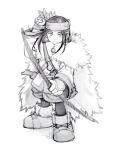  1girl ainu ainu_clothes arrow_(projectile) asirpa bandana black_hair black_pants blush boots bow_(weapon) cape closed_mouth ear_piercing earrings full_body fur_cape golden_kamuy greyscale highres holding holding_arrow holding_bow_(weapon) holding_weapon hoop_earrings jewelry lemonade2333 long_hair looking_back monochrome pants piercing sheath sheathed sidelocks simple_background sketch solo standing weapon white_background white_cape white_footwear 