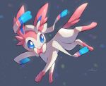  absurdres blue_eyes closed_mouth full_body gen_6_pokemon grey_background highres looking_back no_humans nullma paws pokemon pokemon_(creature) shiny signature smile solo sylveon toes 
