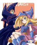 1boy 1girl artist_name bare_shoulders blonde_hair blue_footwear blush_stickers boots closed_mouth colored_skin commentary_request dark_magician dark_magician_girl duel_monster green_eyes green_skin hat long_hair looking_back riding smile soya_(sys_ygo) staff wand wizard_hat yu-gi-oh! 