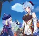  2girls absurdres ahoge bare_shoulders bead_necklace beads bell blue_hair blue_sky blush bodysuit bottle braid braided_ponytail breasts clouds cowbell day detached_sleeves earrings ganyu_(genshin_impact) genshin_impact gloves goat_horns happy hat highres horns jewelry jiangshi long_hair long_sleeves low_ponytail medium_breasts milk milk_bottle multiple_girls nail_polish narynn necklace purple_hair qiqi sky smile sweatdrop violet_eyes 