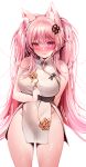 1girl absurdres animal_ears bare_arms bare_shoulders breasts cat_ears china_dress chinese_clothes cowboy_shot dress groin hair_ornament heterochromia highres large_breasts long_hair looking_at_viewer no_panties original pelvic_curtain pink_eyes pink_hair red_eyes short_dress simple_background sleeveless sleeveless_dress smile solo standing thighs twintails very_long_hair white_background white_dress zerocat