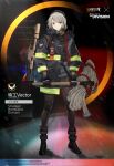  1girl agent_vector_(girls_frontline) artist_request axe boots crossover firefighter girls_frontline grey_hair gun holstered_weapon hose hose_reel jacket kriss_vector new_york_city_fire_department official_alternate_costume official_art pantyhose shawl short_hair solo submachine_gun thigh-highs tom_clancy&#039;s_the_division vector_(girls_frontline) watch watch weapon yellow_eyes 