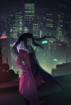  1girl bangs building city cityscape coat commentary_request fur_trim highres jill_stingray long_hair long_sleeves looking_ahead midoriimo_(9ne8n) necktie night open_clothes open_coat outdoors purple_coat purple_hair radio_antenna red_neckwear shadow shirt sidelocks skyscraper solo swept_bangs twintails va-11_hall-a white_shirt 
