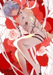  1girl ayanami_rei bandage_over_one_eye bandages bangs bare_shoulders blue_hair bodysuit breasts camellia closed_mouth dutch_angle expressionless feet_out_of_frame floral_background flower glowing glowing_eyes hair_between_eyes hair_over_one_eye hand_on_own_arm hand_up highres joniko1110 legs_up looking_at_viewer medium_breasts neon_genesis_evangelion one_eye_covered outstretched_arm pink_flower pink_rose plugsuit red_eyes red_flower red_rose rose short_hair sleeveless solo veins white_background white_bodysuit 