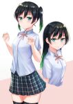  1girl absurdres alternate_hairstyle bangs black_hair black_legwear breasts collared_shirt gradient_hair green_eyes green_hair highres looking_at_viewer love_live! love_live!_nijigasaki_high_school_idol_club medium_breasts multicolored_hair neck_ribbon nijigasaki_academy_uniform parted_lips plaid plaid_skirt pleated_skirt rama_(yu-light8) ribbon school_uniform shirt skirt takasaki_yuu thigh-highs twintails two-tone_hair white_shirt 