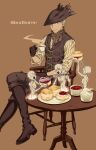  1boy 3others arizuka_(catacombe) bloodborne blue_eyes boots brown_background butter_knife chair coat cream crossed_legs cup food gloves hat highres holding holding_cup holding_food hunter_(bloodborne) jam male_focus messengers_(bloodborne) multiple_others plate short_hair sitting sleeves_rolled_up steam table teacup tricorne white_hair 