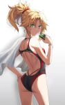 1girl ass back bangs bare_shoulders black_swimsuit blonde_eyebrows blonde_hair braid breasts drinking_straw fate/apocrypha fate_(series) french_braid green_eyes hair_ornament hair_scrunchie highleg highleg_swimsuit highres juice_box long_hair looking_at_viewer looking_back mordred_(fate) mordred_(fate)_(all) no_bra one-piece_swimsuit parted_bangs ponytail red_swimsuit scrunchie sidelocks small_breasts swimsuit thighs tonee towel two-tone_swimsuit