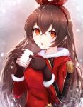  1girl alternate_costume amber_(genshin_impact) bangs blush cup dress eyebrows eyelashes fur_collar fur_trim genshin_impact gloves hair_between_eyes hair_ribbon highres holding holding_cup long_hair looking_at_viewer open_mouth red_dress red_ribbon reizouko ribbon snowing solo steam upper_body yellow_eyes 