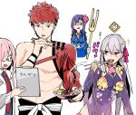  1boy 3girls armor bangs bikini_armor black_dress blue_dress blush bowl bracelet breasts caught chopsticks clipboard collar commentary_request detached_sleeves dress earrings fate/grand_order fate_(series) floral_print flower food food_theft glasses gloom_(expression) gunkanmaki hair_flower hair_ornament hair_over_one_eye hair_ribbon hand_on_own_chin highres holding holding_weapon igote jacket jewelry jitome kama_(fate/grand_order) large_breasts long_hair looking_at_viewer mash_kyrielight matou_sakura metal_collar multiple_girls naosuke_(morioka_shachuu) necktie nigirizushi open_mouth parvati_(fate/grand_order) pelvic_curtain pink_hair purple_dress purple_hair purple_sleeves red_eyes redhead ribbon ring sengo_muramasa_(fate) short_hair silver_hair simple_background smile staff sushi theft thighlet violet_eyes weapon white_background wristband 