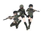  3girls ak-47 armedshipyard assault_rifle bike_shorts black_legwear black_shorts blue_eyes body_armor boots brown_hair escape_from_tarkov full_body gloves green_gloves green_shirt gun hair_over_one_eye headset helmet highres holding holding_weapon knee_pads load_bearing_vest lvoa-c m4_carbine magazine_(weapon) mask medium_hair mouth_mask multiple_girls original red_eyes rifle shirt shoes shorts simple_background smile socks teeth thigh-highs violet_eyes weapon white_background white_hair 