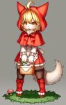  1girl ahoge animal_nose basket black_legwear blonde_hair blush body_fur claws commentary_request eyebrows_visible_through_hair fang fewer_digits full_body furrification furry grass hair_between_eyes highres little_red_riding_hood little_red_riding_hood_(grimm) looking_at_viewer mushroom solo standing tail tsuji white_fur wolf wolf_girl wolf_tail yellow_eyes 