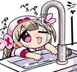 &gt;_&lt; 1girl brown_hair bunny_hair_ornament closed_mouth collared_shirt commentary faucet hair_ornament hat kanikama long_hair lowres natori_sana nurse_cap one_eye_closed pink_headwear puffy_short_sleeves puffy_sleeves red_eyes sana_channel shirt short_sleeves simple_background solo tongue tongue_out translated two_side_up virtual_youtuber water wet wet_hair white_background white_shirt 