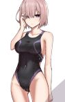  1girl bangs bare_shoulders black_swimsuit blush breasts collarbone elfenlied22 fate/grand_order fate_(series) hair_over_one_eye highleg highleg_swimsuit highres large_breasts light_purple_hair looking_at_viewer mash_kyrielight one-piece_swimsuit short_hair smile swimsuit thighs violet_eyes wet 