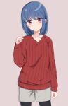  1girl bangs blue_hair blush bob_cut closed_mouth collarbone cowboy_shot highres long_sleeves looking_at_viewer nekosination pantyhose pink_background red_sweater ribbed_sweater shima_rin short_hair shorts simple_background solo sweater violet_eyes younger yurucamp 