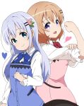  2girls back-to-back bangs black_skirt blue_eyes blue_hair blue_vest clenched_hand closed_mouth commentary_request eyebrows_visible_through_hair gochuumon_wa_usagi_desu_ka? hair_ornament hairclip head_tilt heart highres hoto_cocoa kafuu_chino long_hair looking_at_viewer medium_hair multiple_girls orange_hair pink_vest puffy_sleeves rabbit_house_uniform riyo_(aokiwazumi) shirt simple_background skirt smile vest violet_eyes white_background white_shirt 