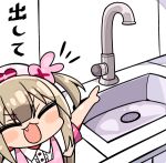  &gt;_&lt; 1girl :3 :d apron bangs blush_stickers brown_hair bunny_hair_ornament closed_eyes collared_shirt commentary_request eyebrows_visible_through_hair fang faucet hair_ornament hat kanikama long_hair lowres natori_sana nurse_cap open_mouth outstretched_arm pink_apron pink_headwear pointing puffy_short_sleeves puffy_sleeves sana_channel shirt short_sleeves sink smile solo translation_request two_side_up v-shaped_eyebrows virtual_youtuber white_shirt 